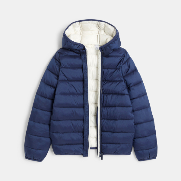 سترة منفوخة بغطاء رأس سادة أزرق بحري للبنات